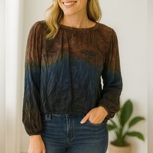 Bella Dahl Autumn Sky Brown Blue Ombré Long Sleeve Crop Blouse Smock trims Sz S